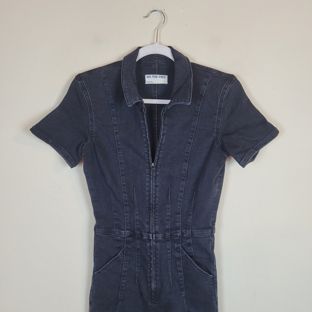 Free People We The Free Jumpsuit Small Black Denim Jayde Flare Boho Stretch Zip - Picture 3 of 11